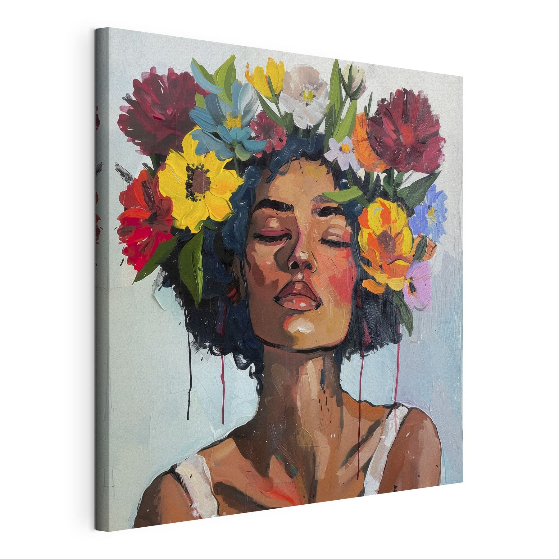 A painting of a woman with flowers in her hair A painting of a woman with flowers in her hair