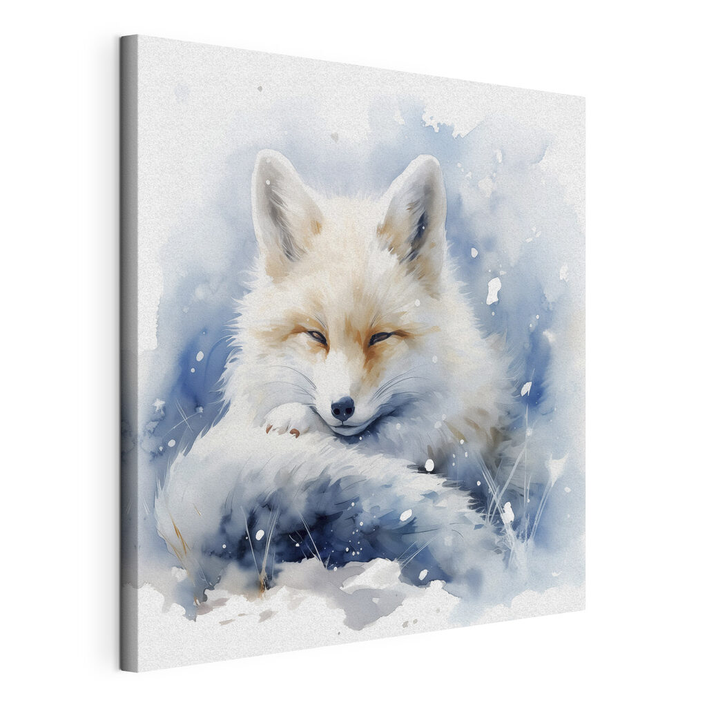 Watercolor of a fox lying in the snow