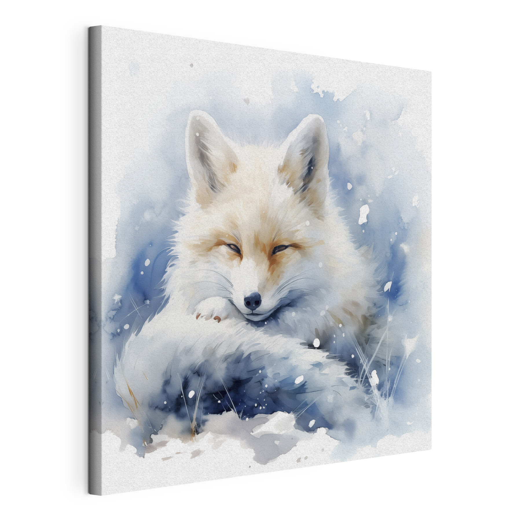 Watercolor of a fox lying in the snow