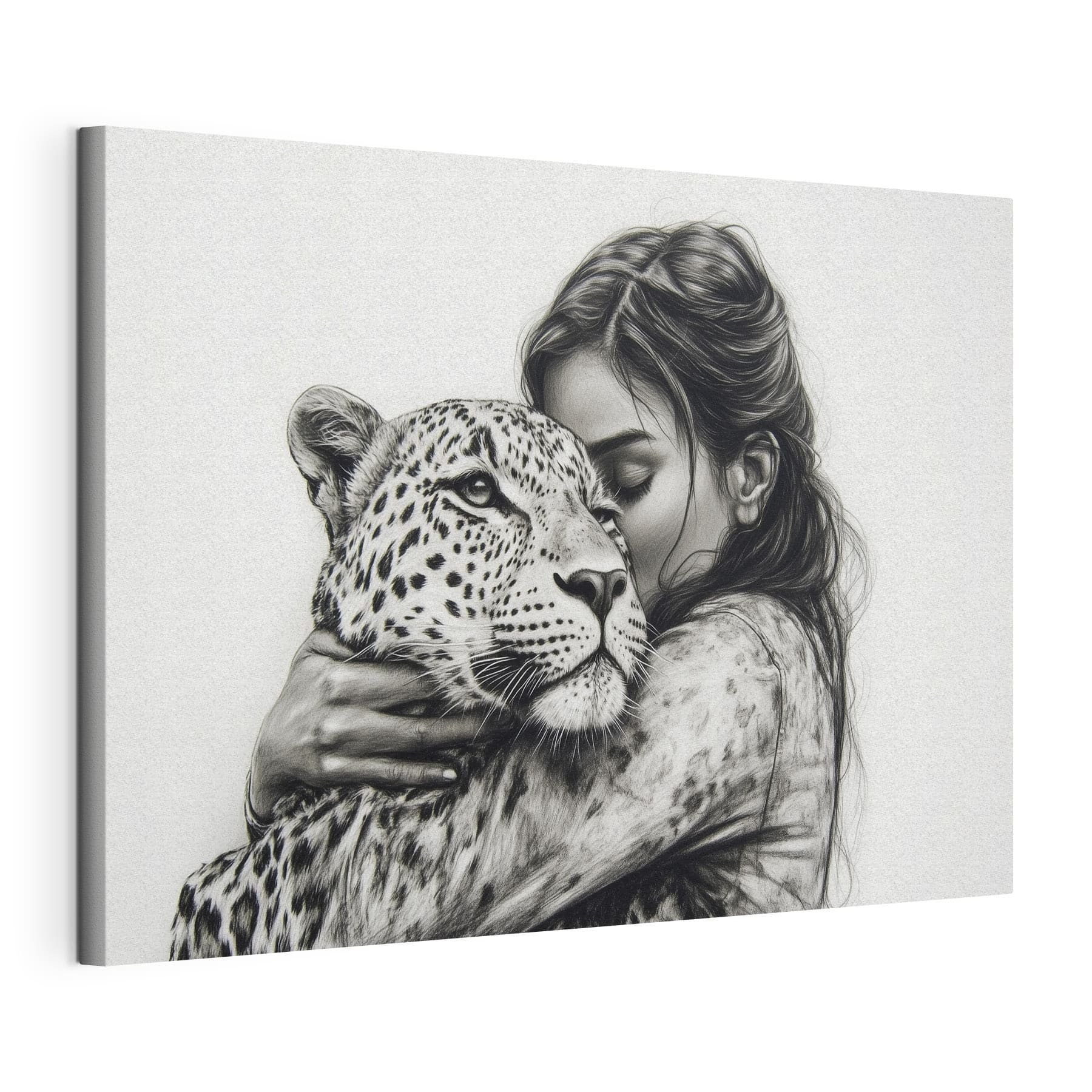 Drawing of a woman hugging a leopard