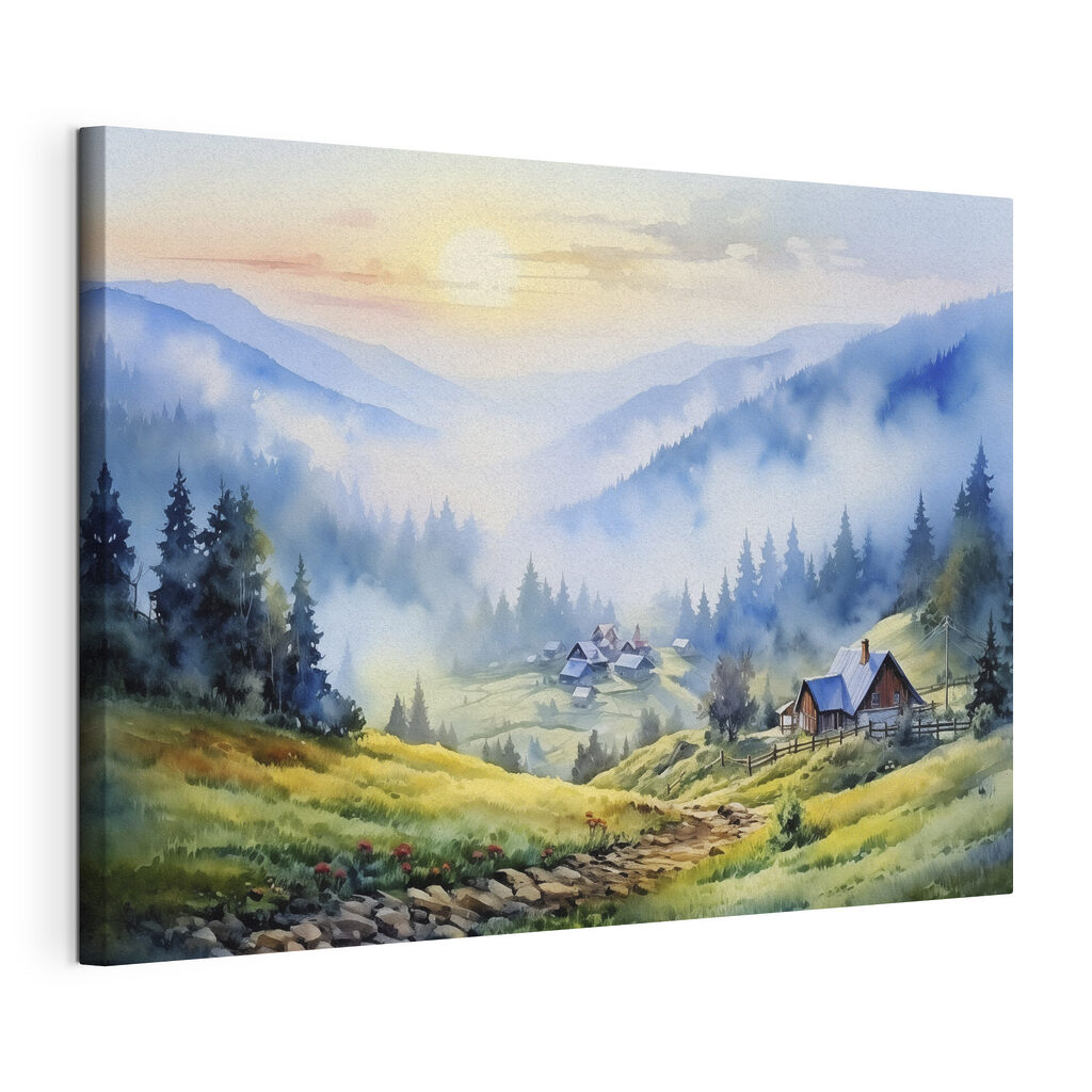 Painting of a village in the mountains Painting of a village in the mountains