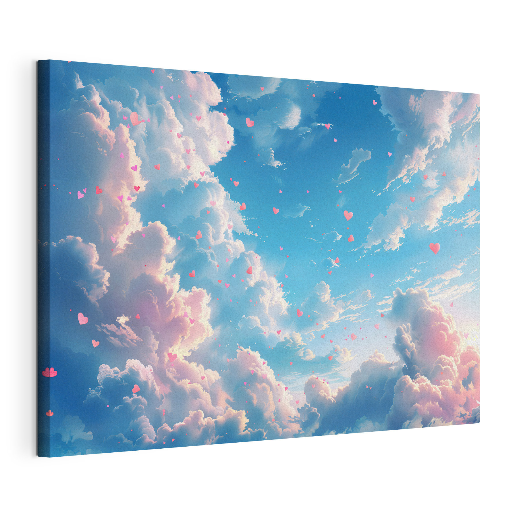Blue sky with clouds and pink hearts