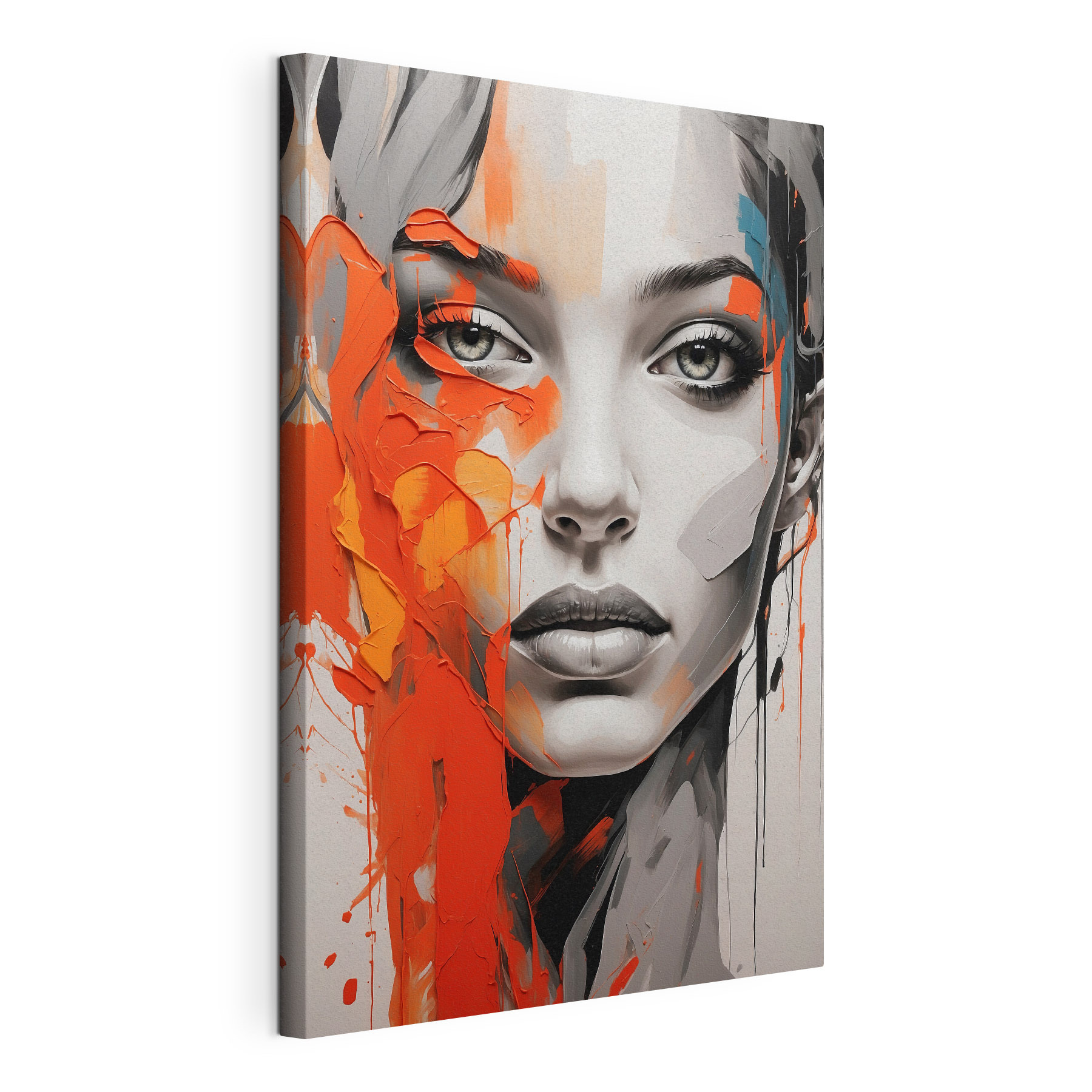 Painting of a woman with orange paint on her face Painting of a woman with orange paint on her face