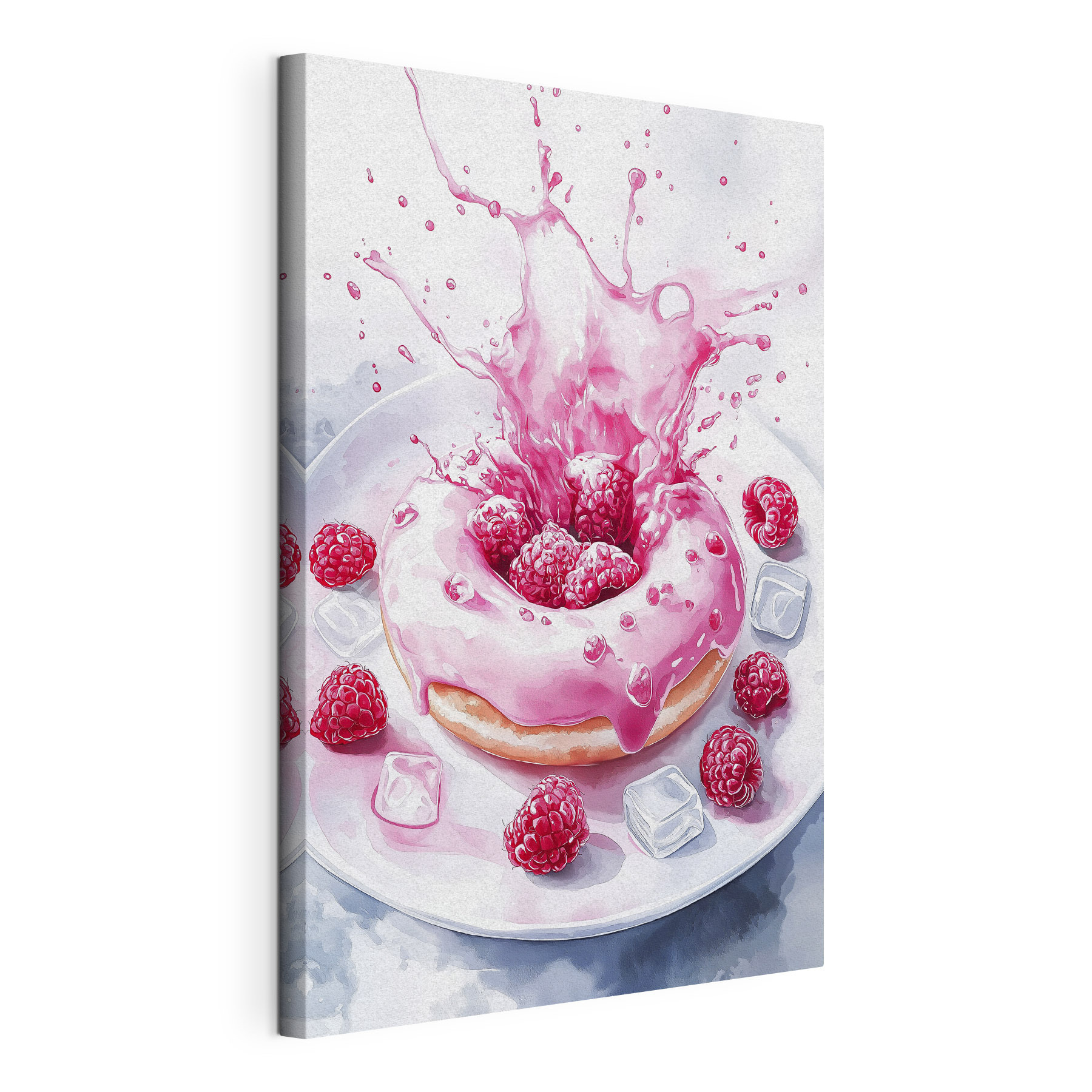 Donut with pink frosting and raspberries splashing into a white plate Donut with pink frosting and raspberries splashing into a white plate