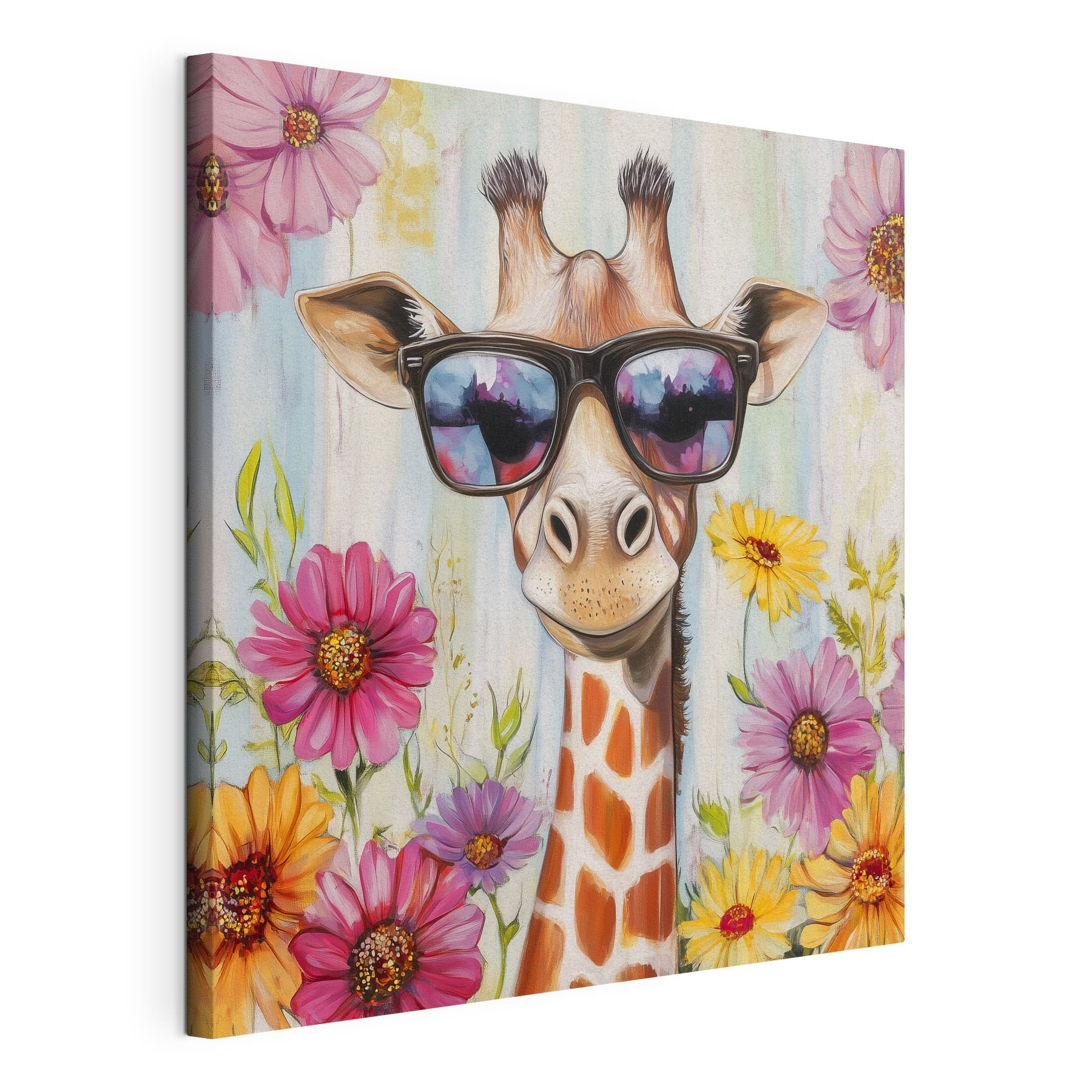 Giraffe wearing sunglasses and flowers