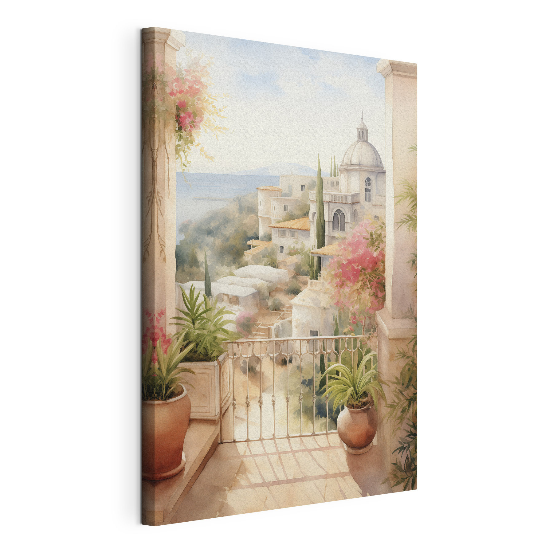 Watercolor painting of a balcony with a view of a town