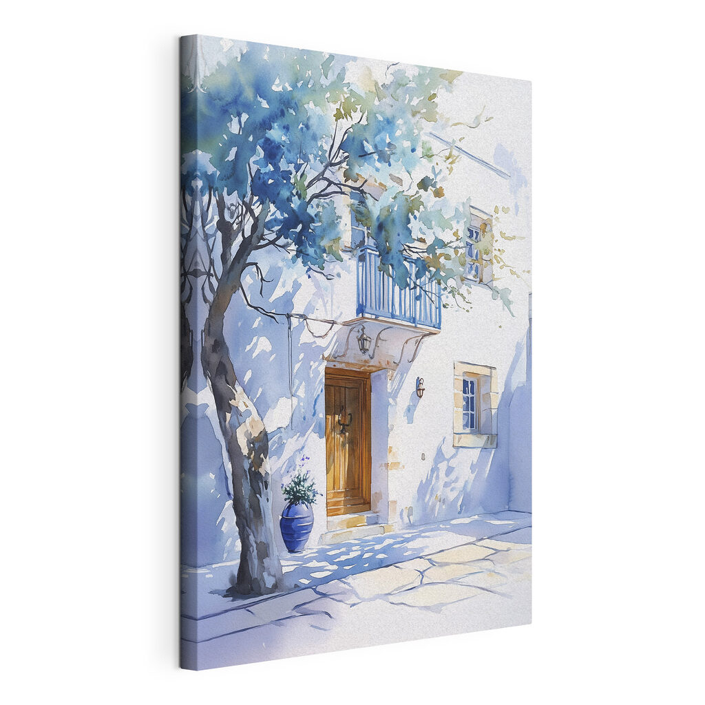 Watercolor of a building with a tree and a balcony