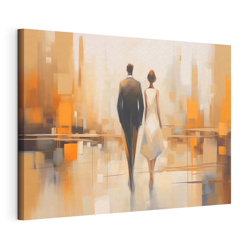 Man and woman walking down a street