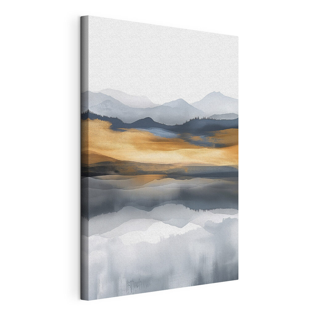 A watercolor painting of mountains and a lake