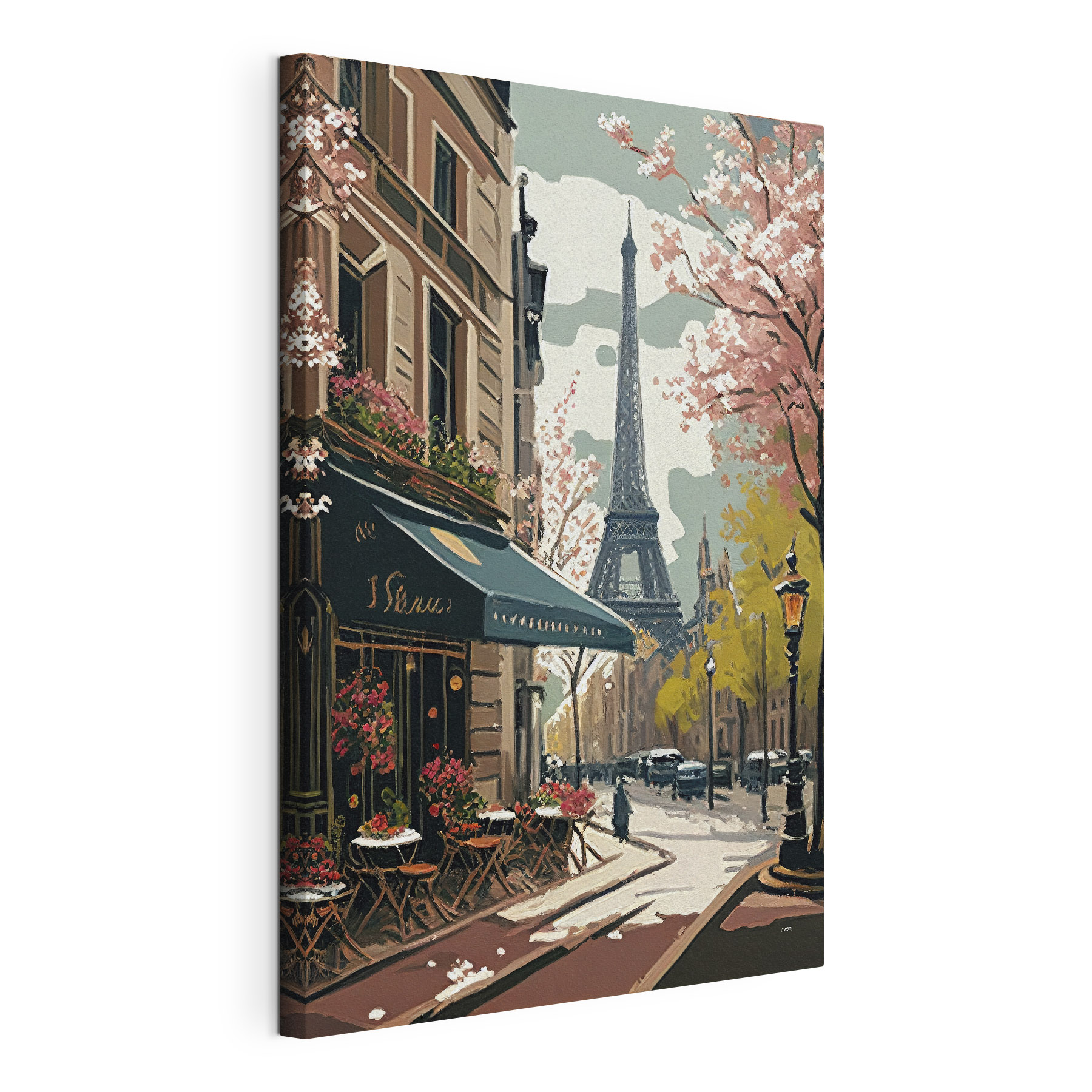 Painting of a street with a tower in the background