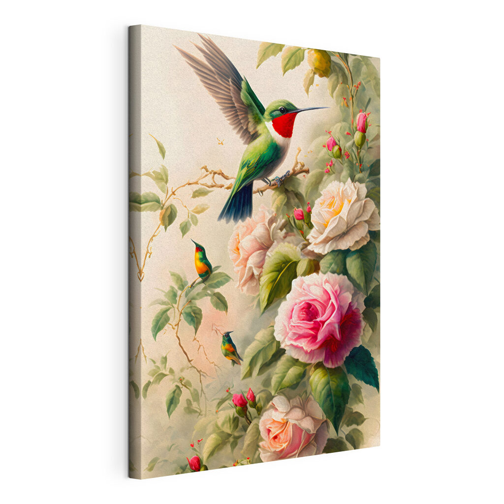 A painting of birds on a branch with flowers A painting of birds on a branch with flowers