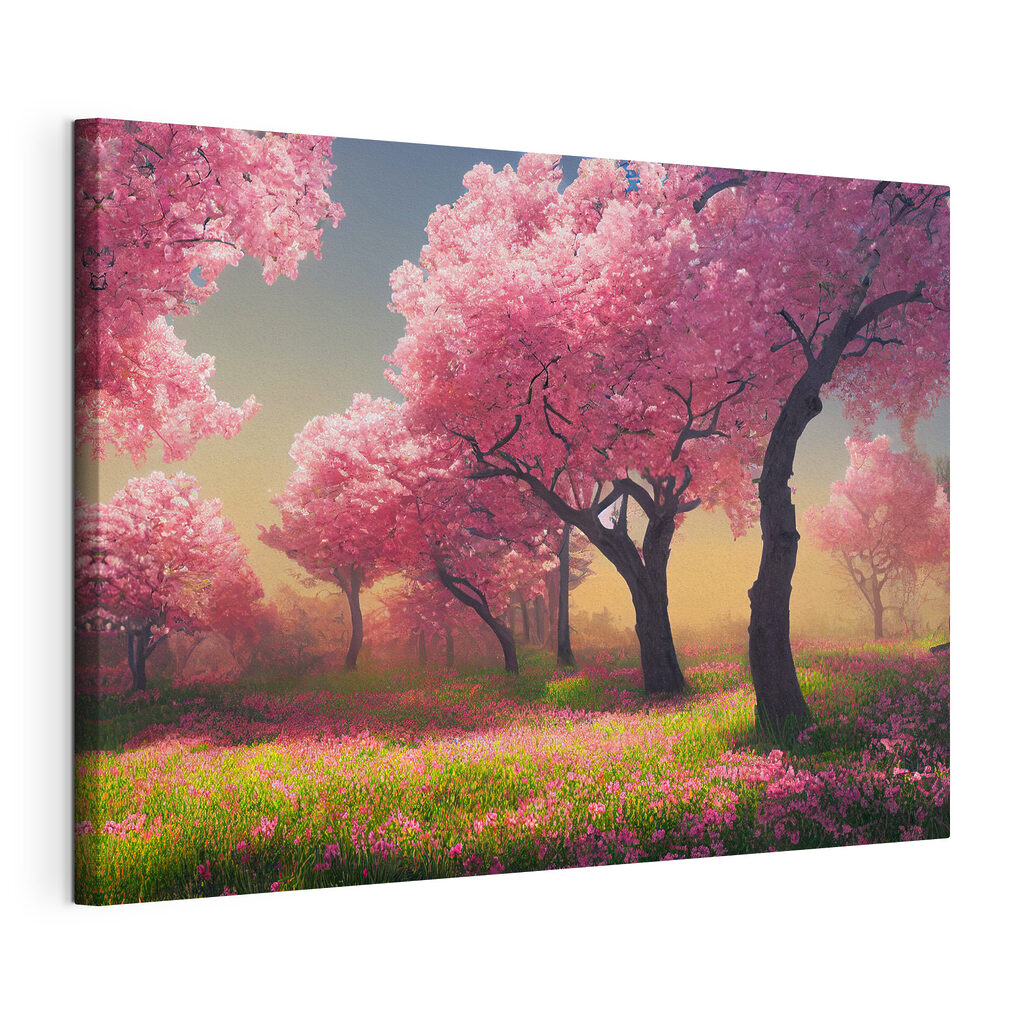 A field of pink flowers with trees