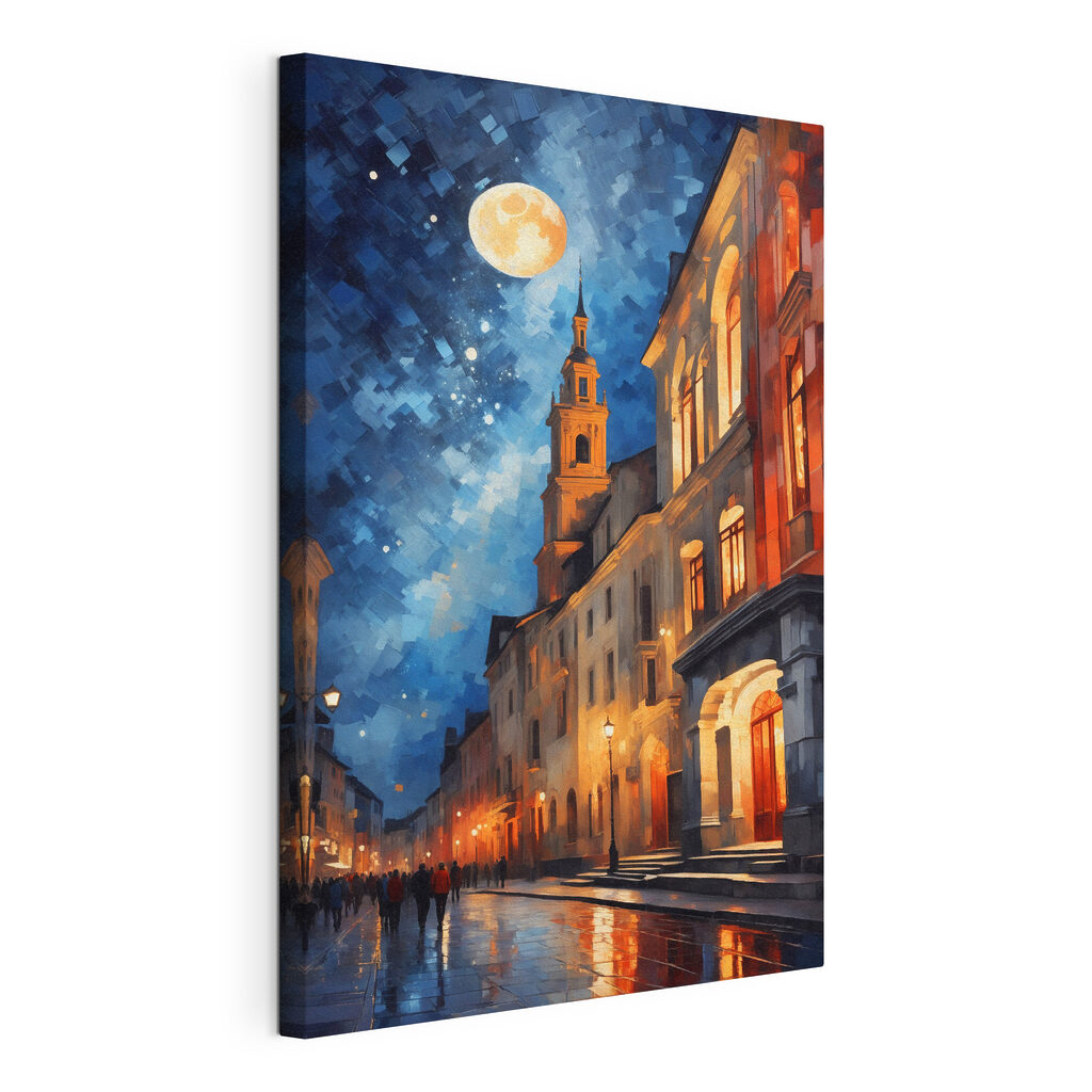 Street with buildings and a moon