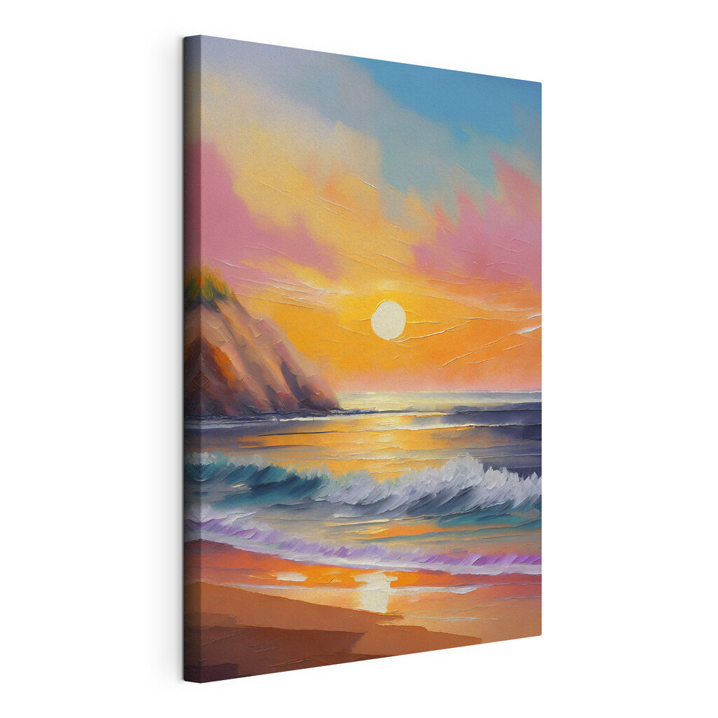 Painting of a beach with waves and hills Painting of a beach with waves and hills