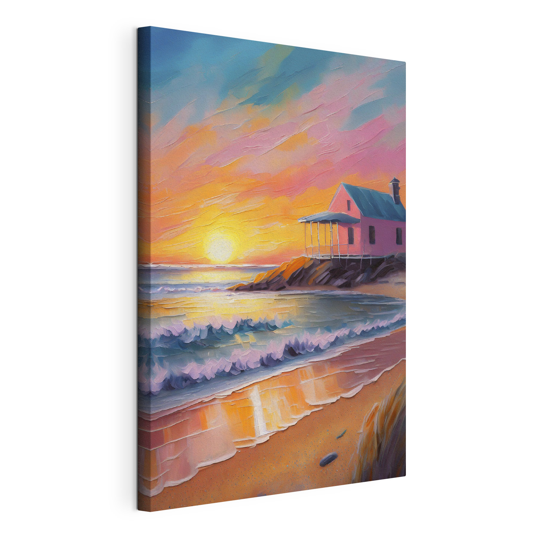 Painting of a house on a beach Painting of a house on a beach