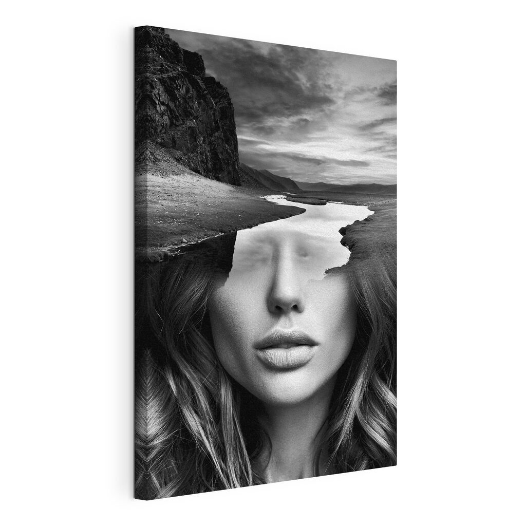 A woman's face with a river and mountains
