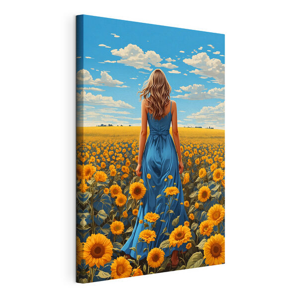 A woman in a blue dress in a field of sunflowers