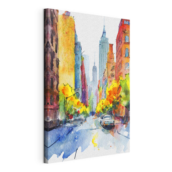 A watercolor painting of a street with buildings and cars