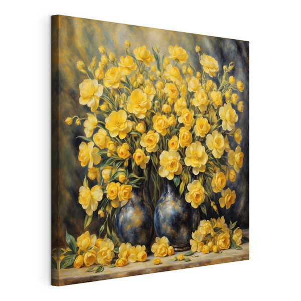 A painting of yellow flowers in a vase