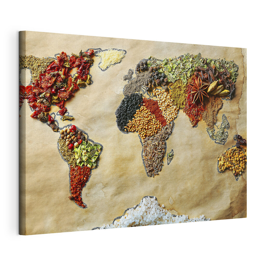 A map of the world made of different spices
