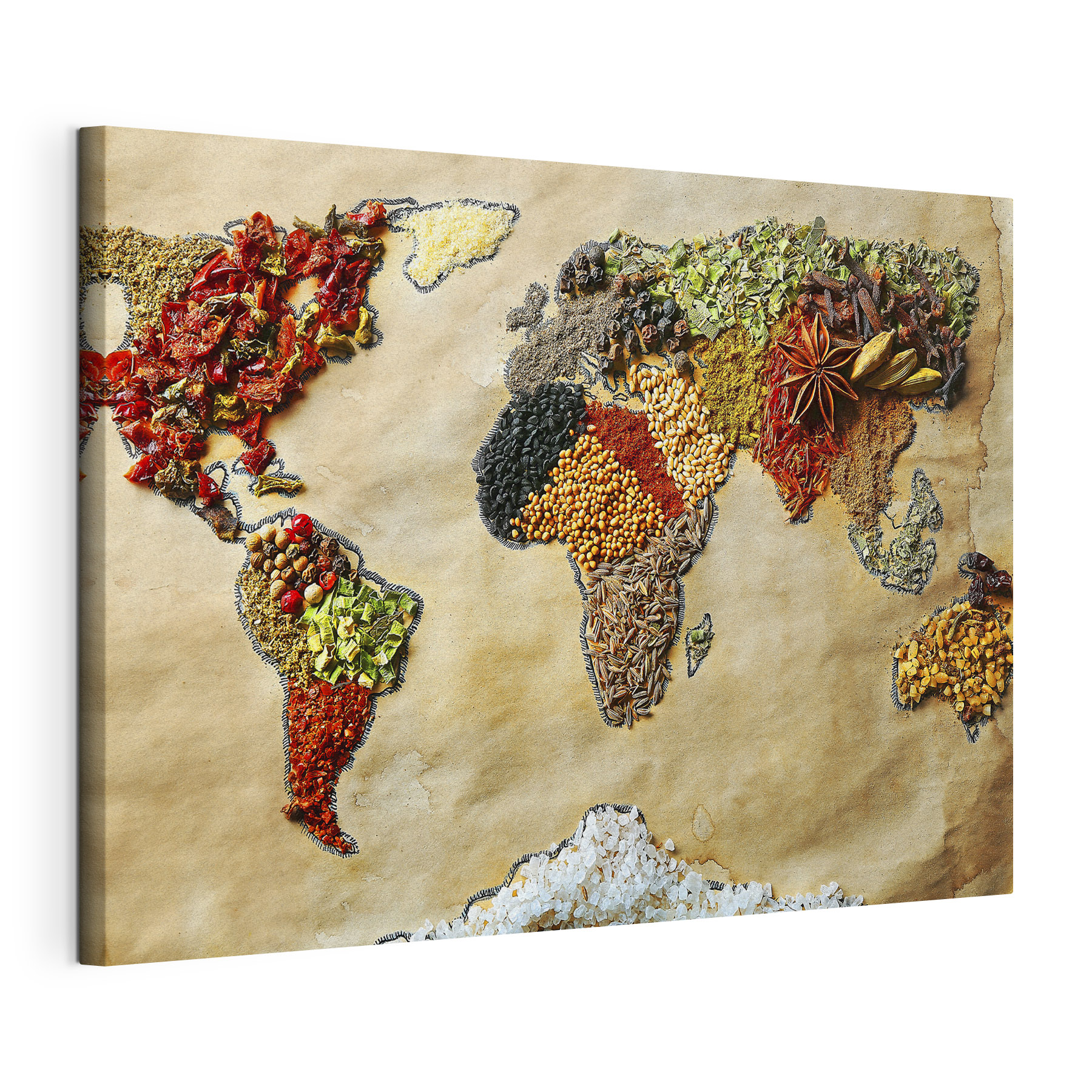 A map of the world made of different spices