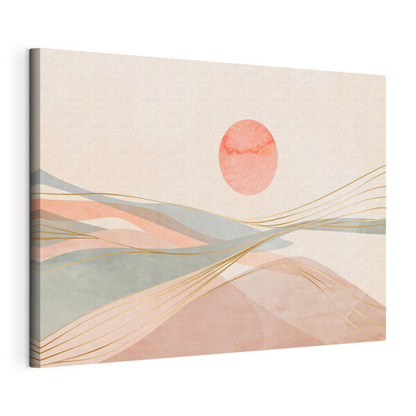 A pink and grey waves with a red sun