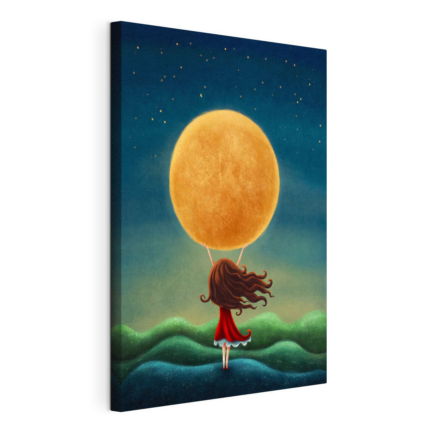 A girl holding a large yellow moon