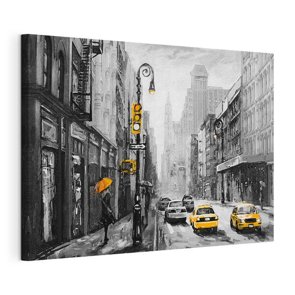 A woman walking down a street with yellow cars and a woman holding an umbrella