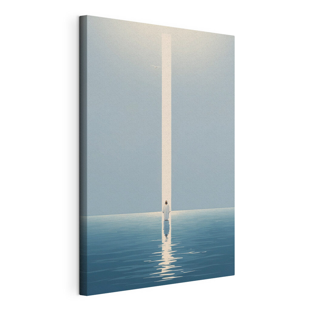 A person standing in water with a light beam A person standing in water with a light beam