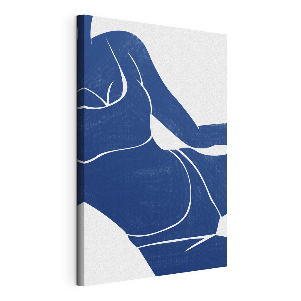 A blue and white drawing of a woman's body