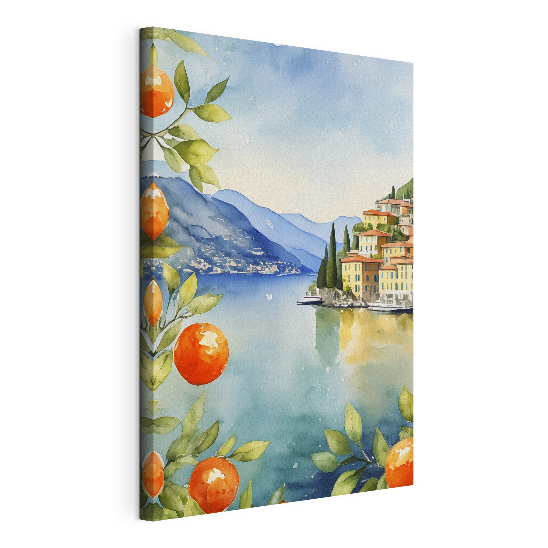 Watercolor of a town next to a body of water