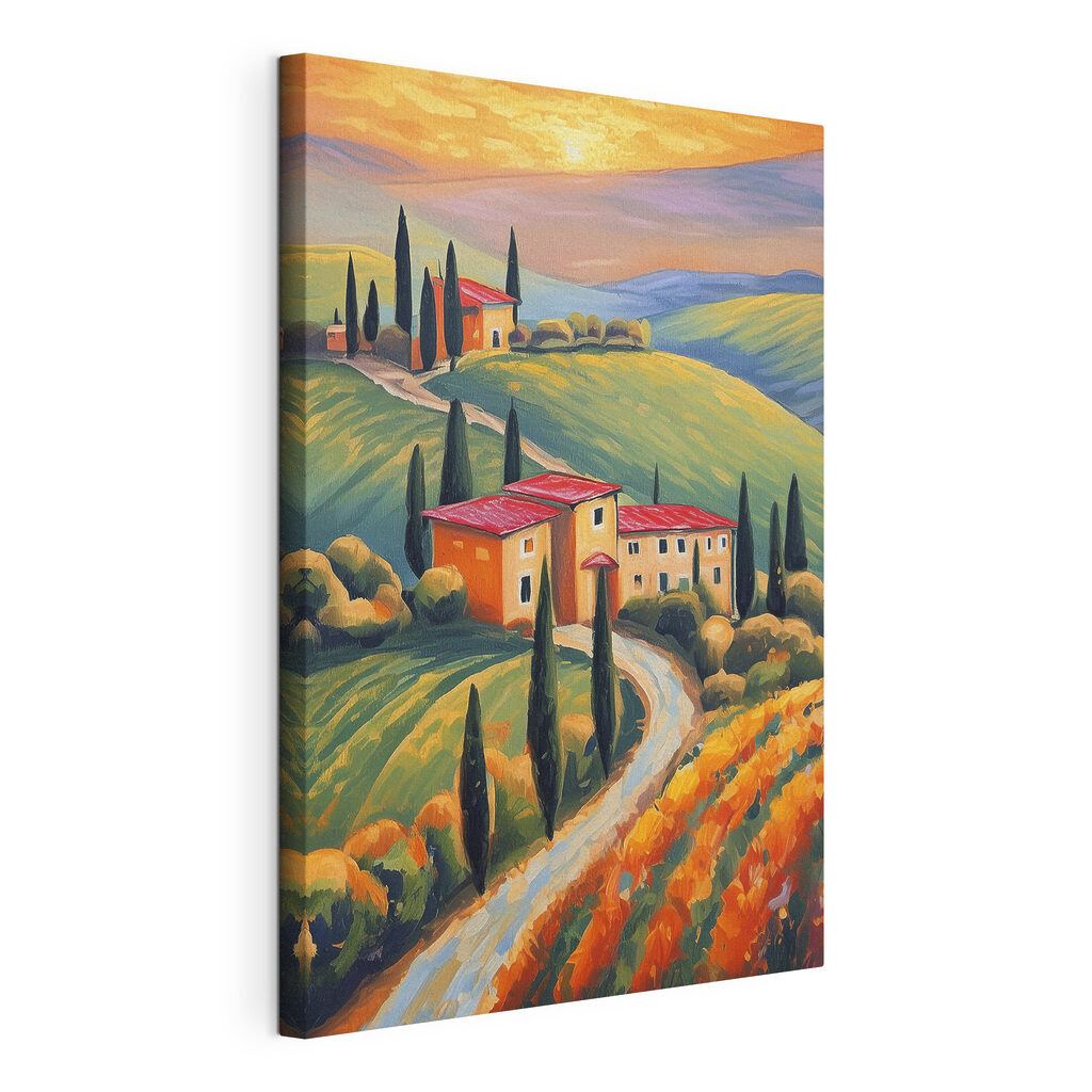 A painting of a house on a hill