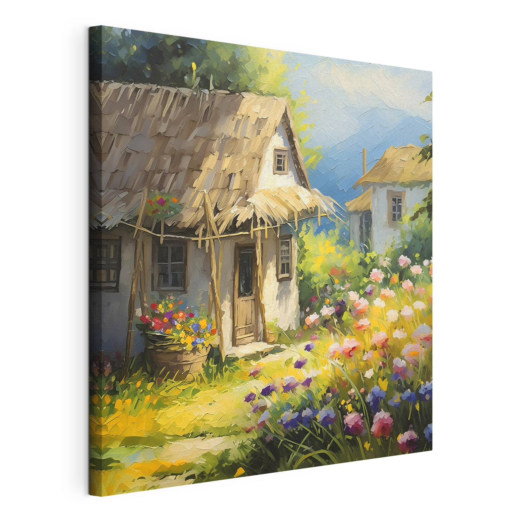 A painting of a house with flowers A painting of a house with flowers