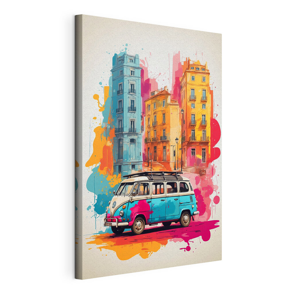 Van with a roof on the top and a colorful building