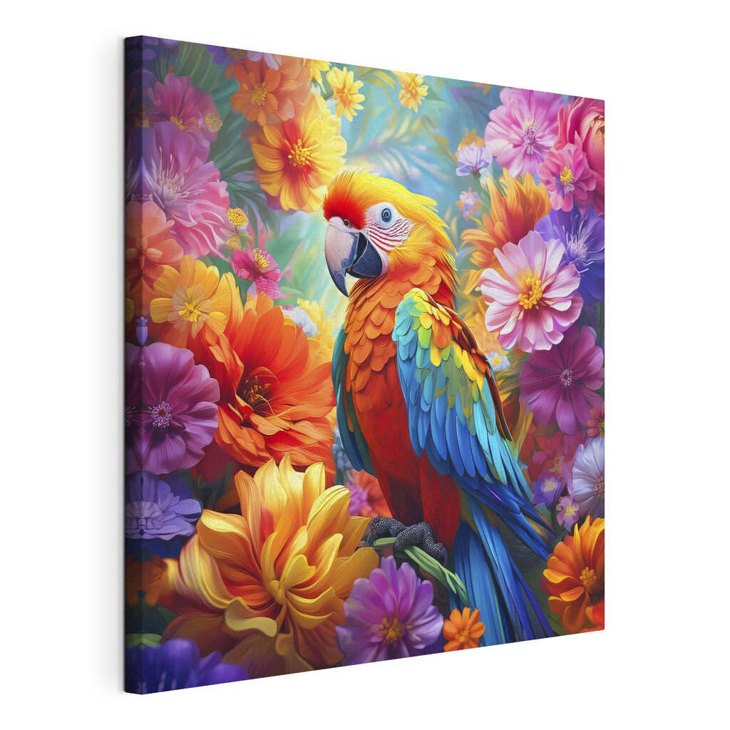 A colorful bird sitting on a branch surrounded by flowers