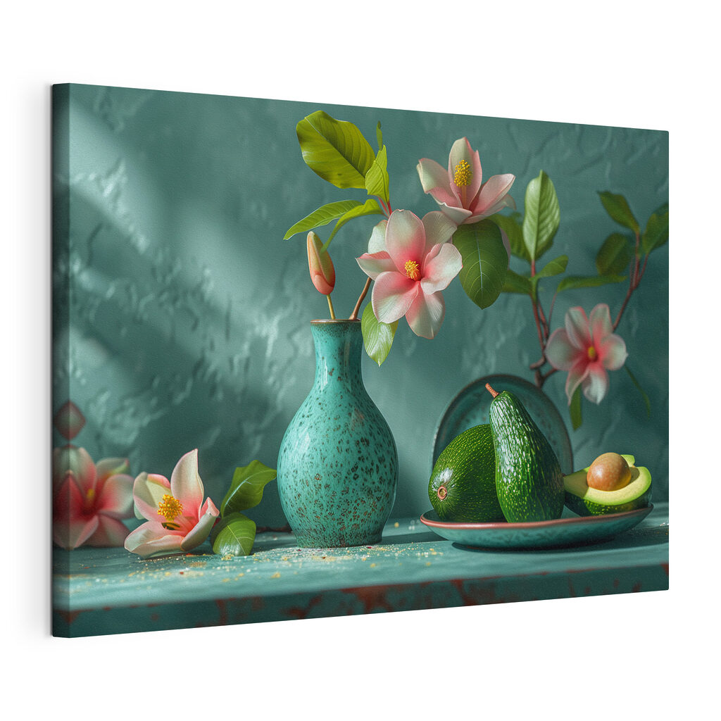 A vase with flowers in it and avocados on a plate