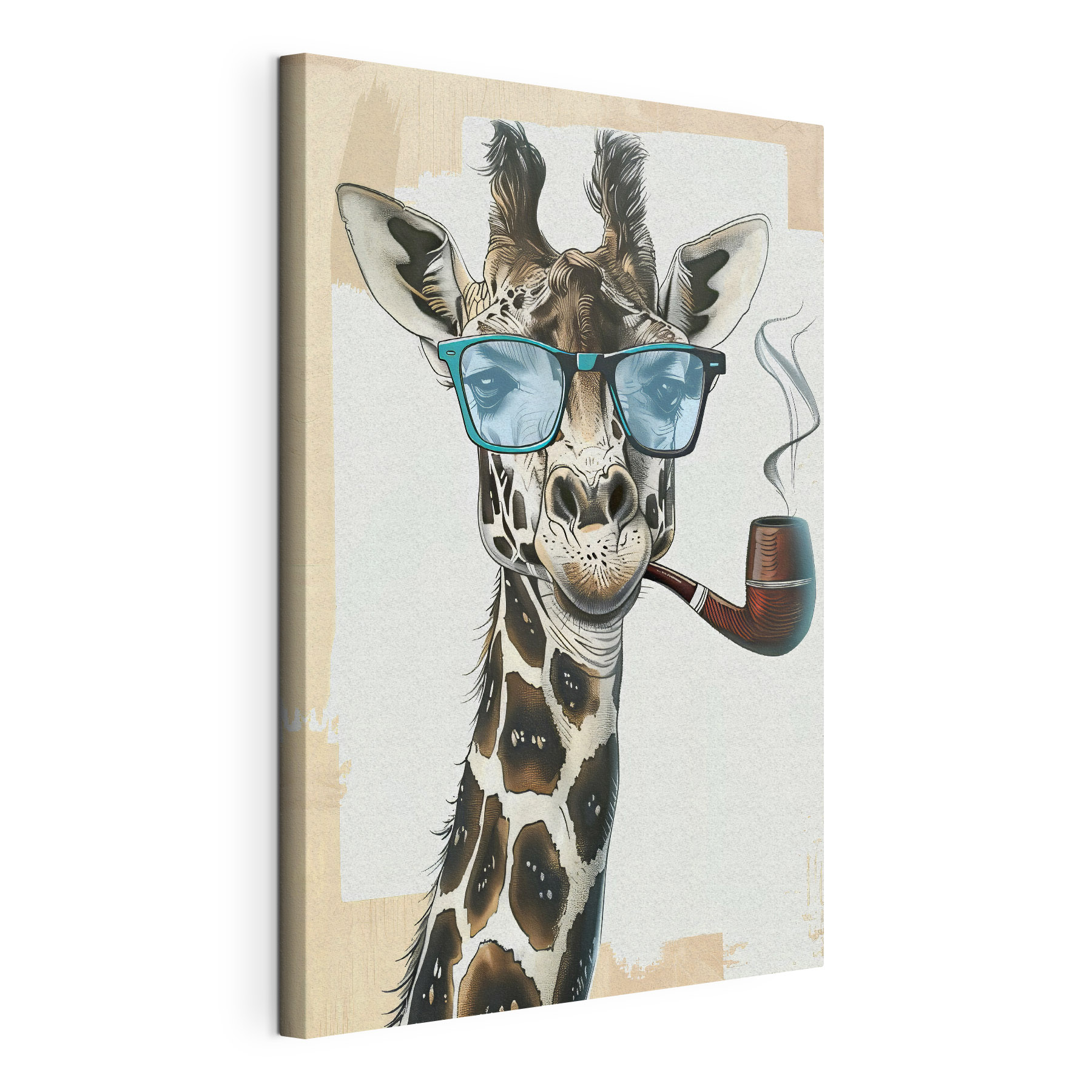 A giraffe wearing sunglasses and smoking pipe
