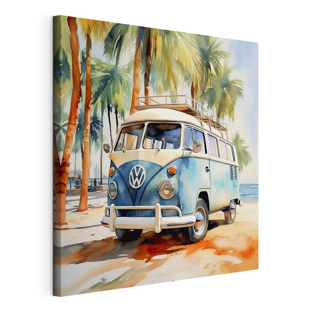 A watercolor of a van parked on a beach