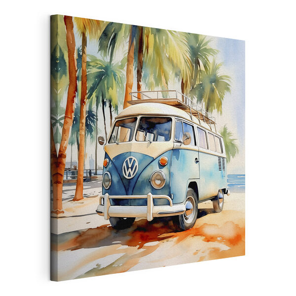 A watercolor of a van parked on a beach