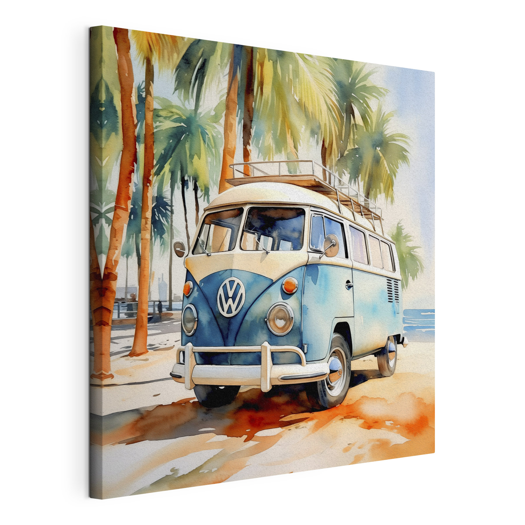 A watercolor of a van parked on a beach