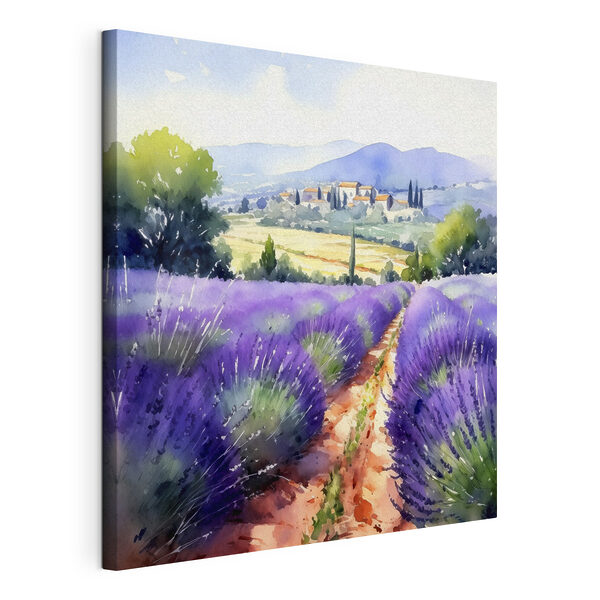 A watercolor painting of a field of lavender
