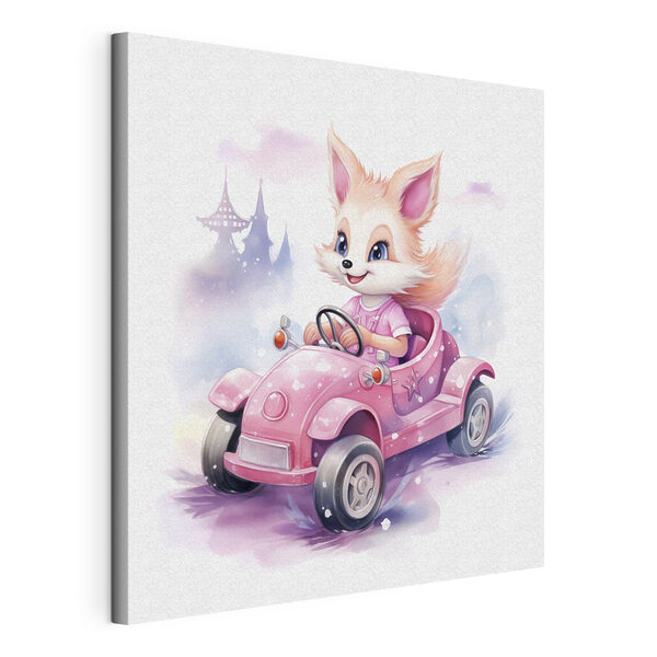 A cartoon fox driving a pink car