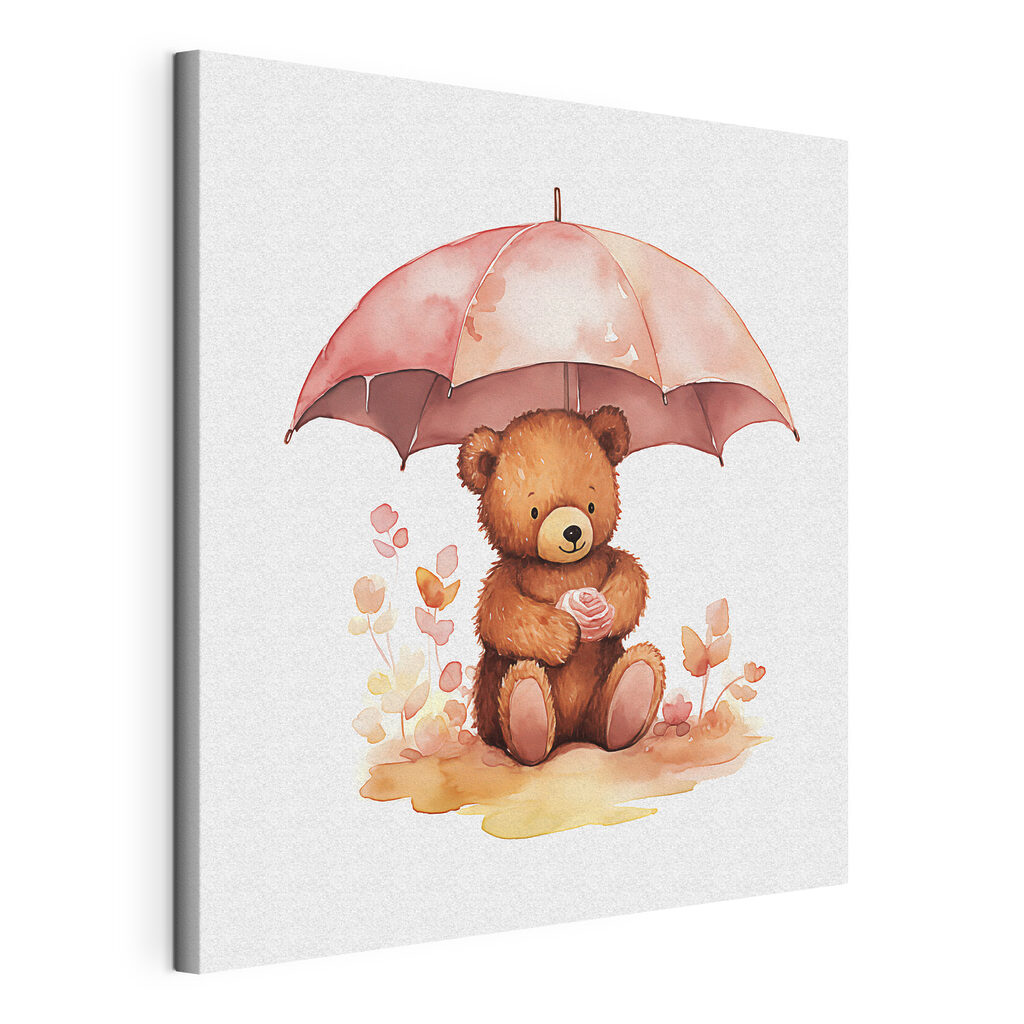 A watercolor of a teddy bear holding a flower under an umbrella