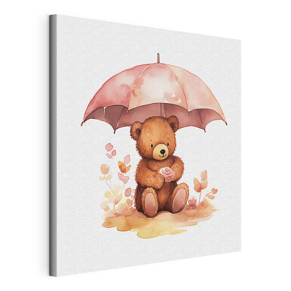 A watercolor of a teddy bear holding a flower under an umbrella