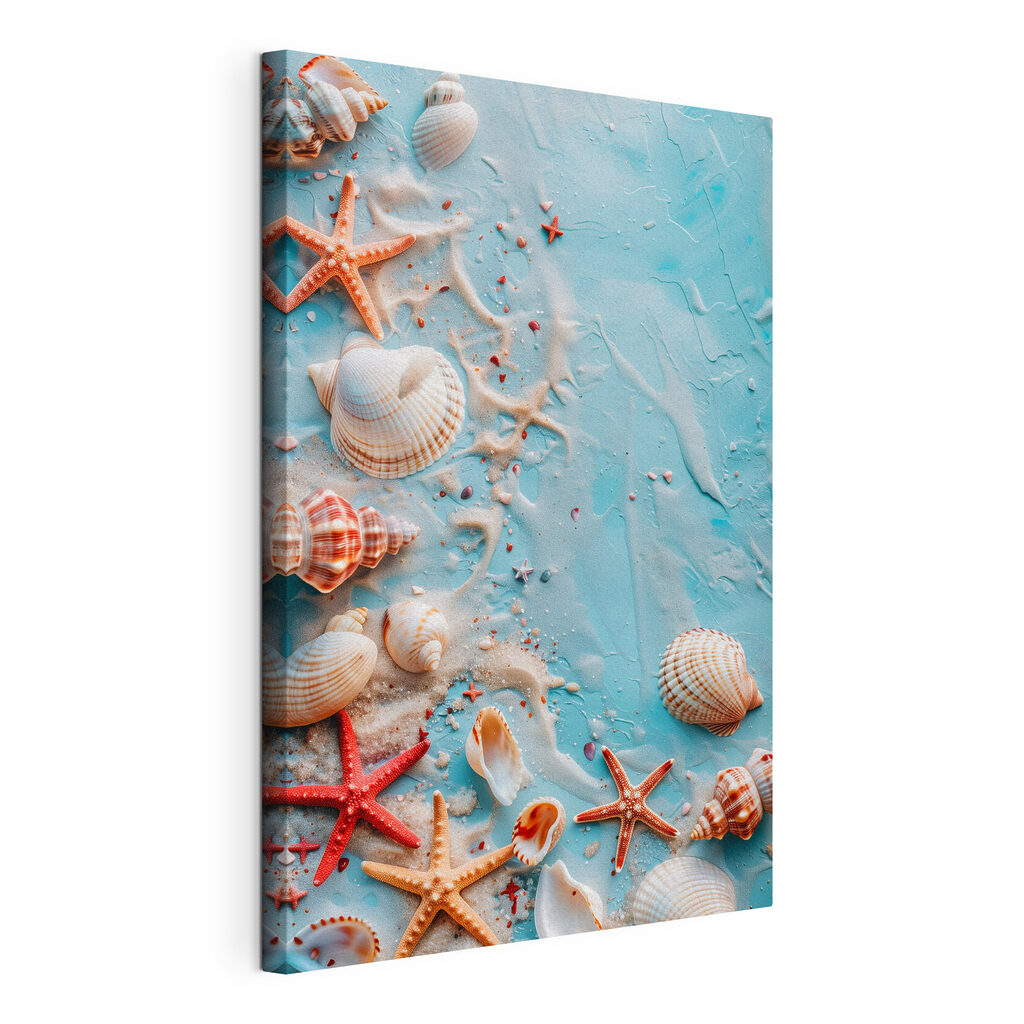 A group of seashells and starfish on a blue surface A group of seashells and starfish on a blue surface