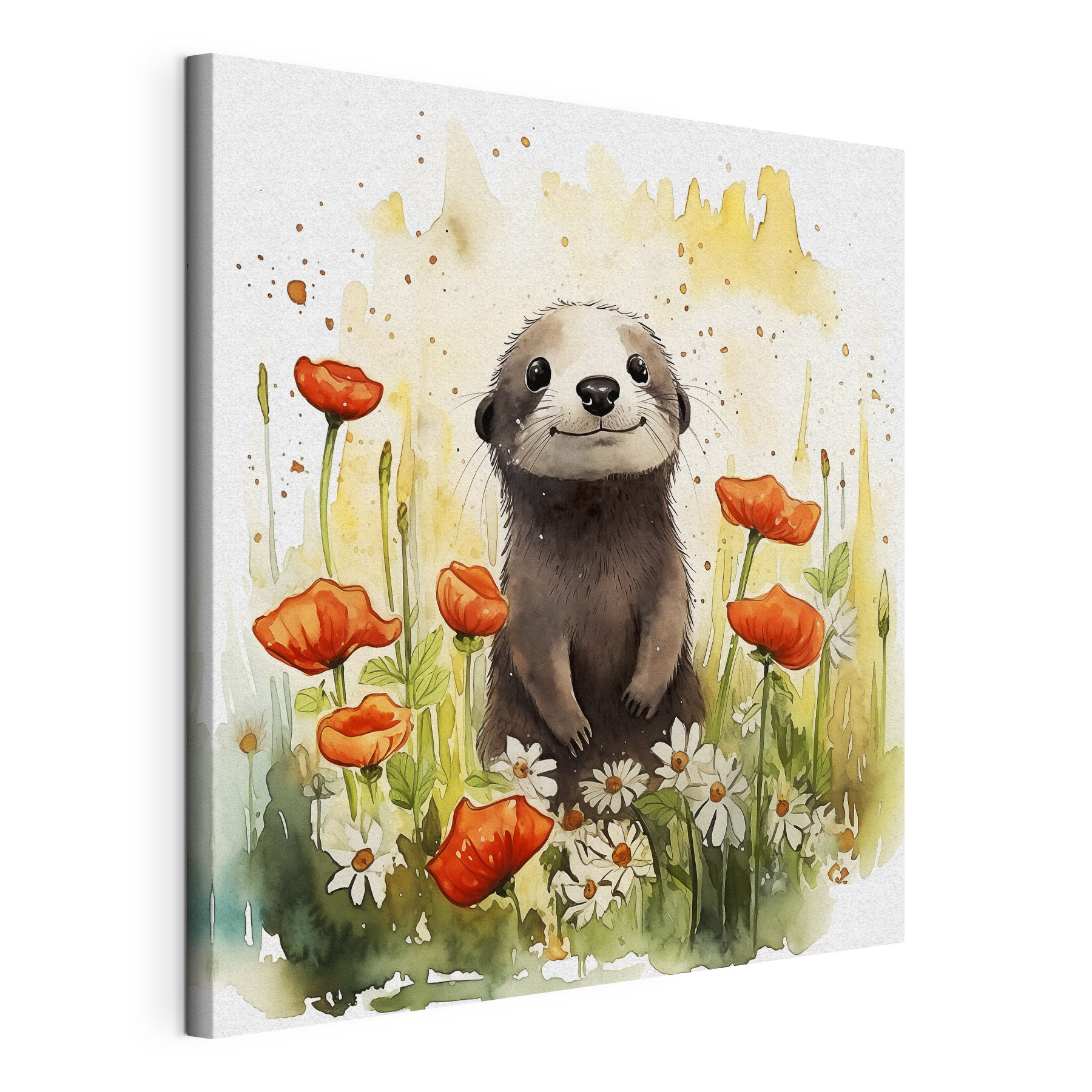 A watercolor of an animal standing in a flower field