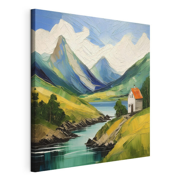 A painting of a house on a hill by a river A painting of a house on a hill by a river
