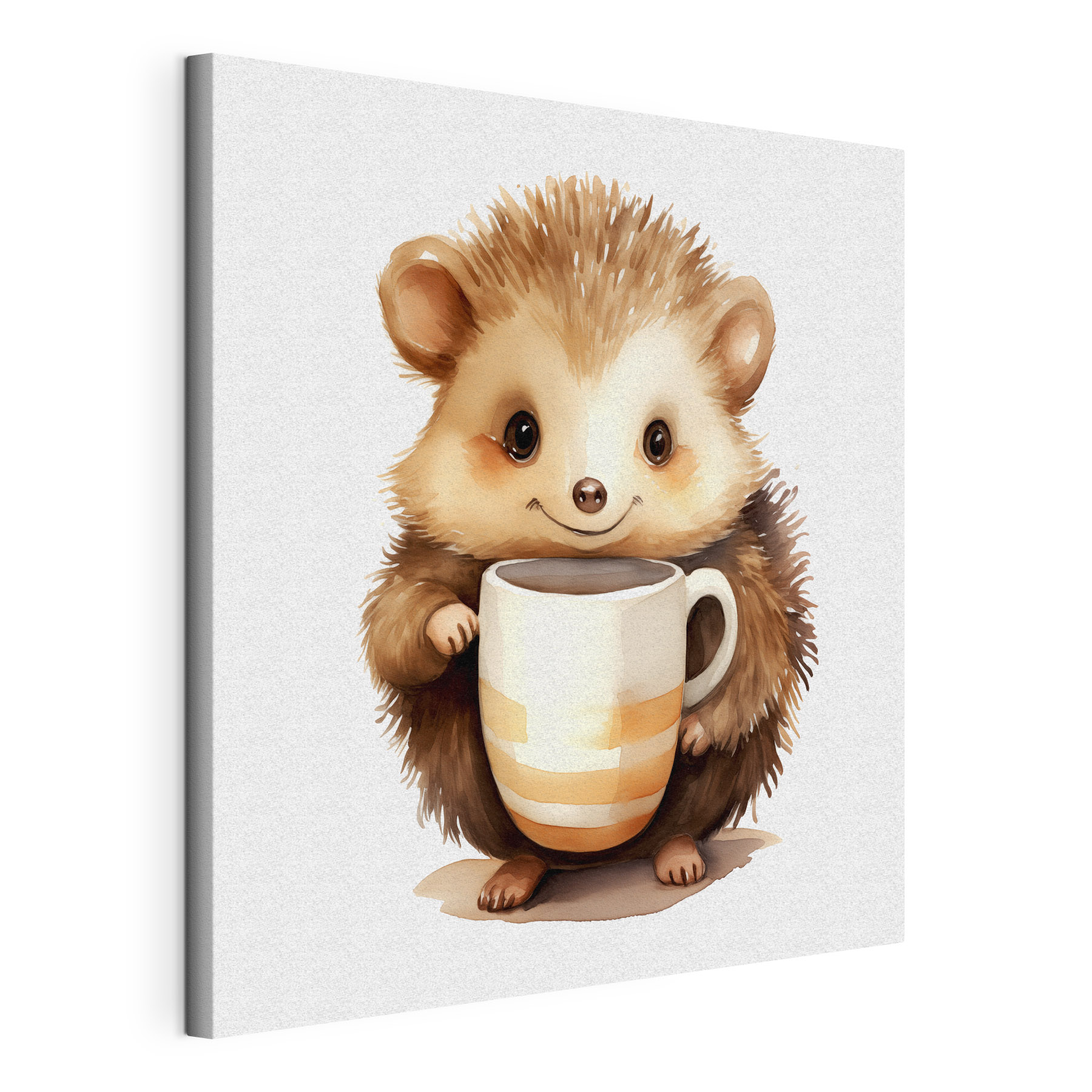 A watercolor of a hedgehog holding a cup