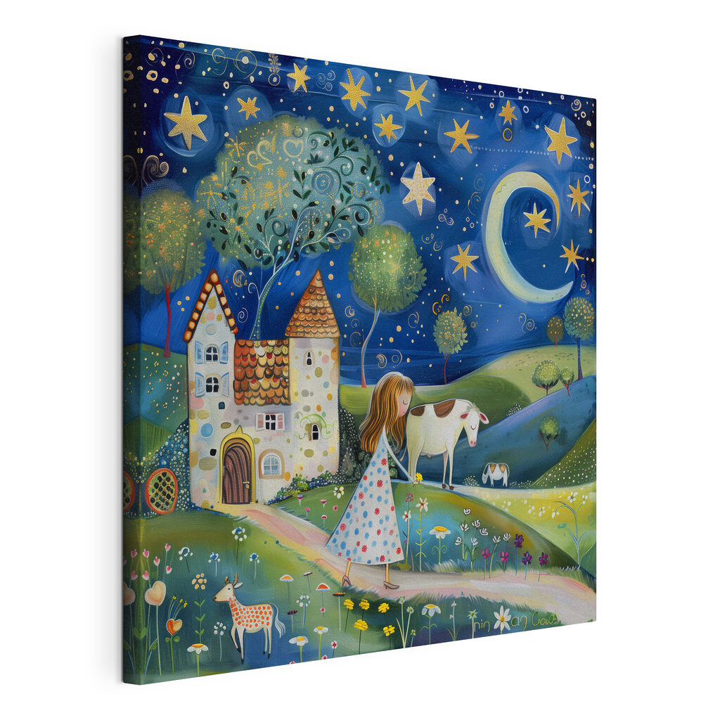 Girl walking on a path with a cow and a house
