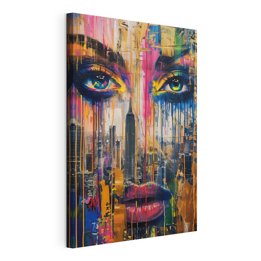 Painting of a woman's face with colorful paint dripping down
